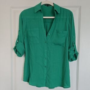 Express Emerald Green Button-Front Roll-Sleeve Blouse
